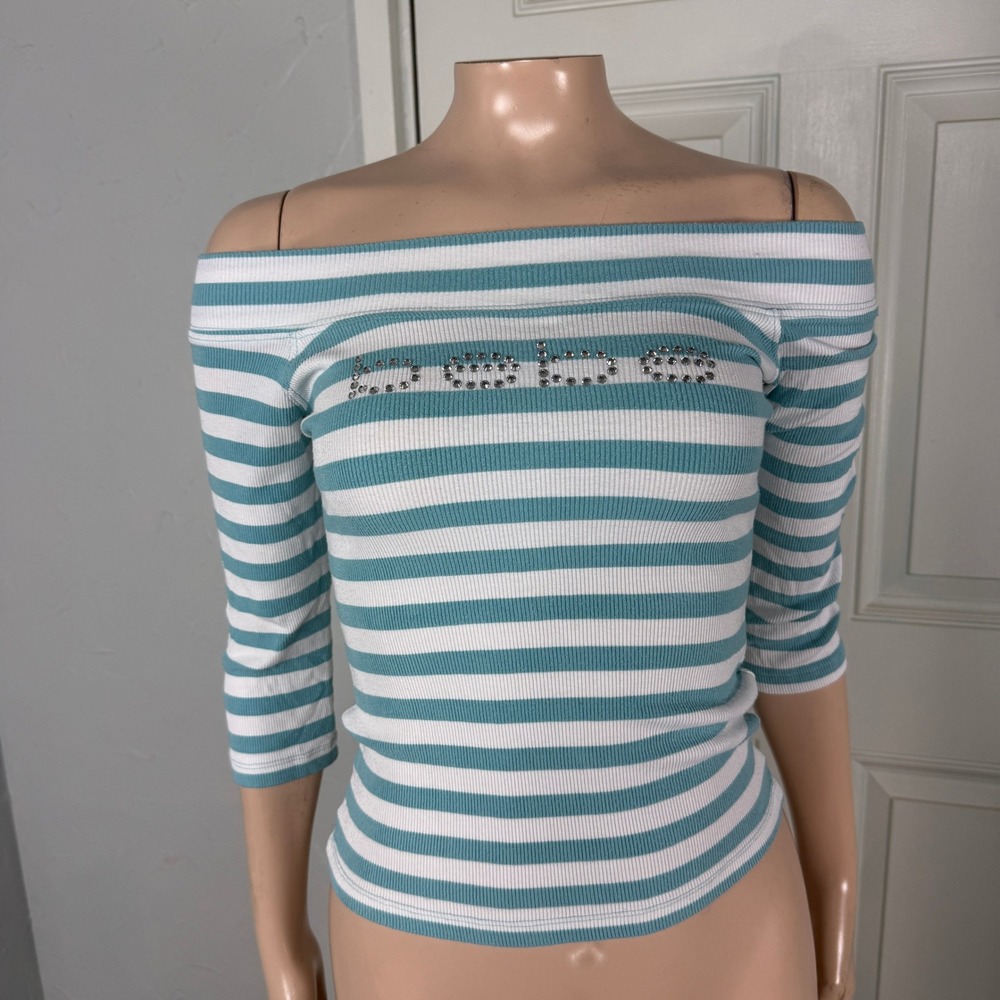 Vintage Y2K Shirt Bebe USA Made Half Sleeve logo Baby Tee Off Shoulder Crop WW3